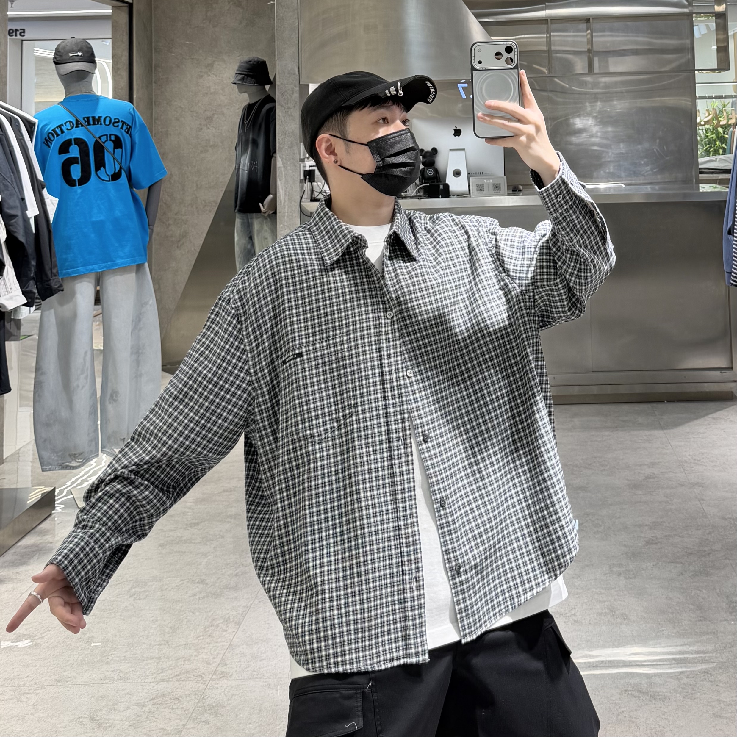 潮牌春季衬衣外套男ins韩版复古格纹撞色宽松青年帅气百搭衬衫潮