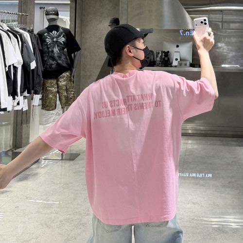 潮牌夏季情侣短袖T恤男ins美式复古做旧字母印花宽松青年落肩半袖