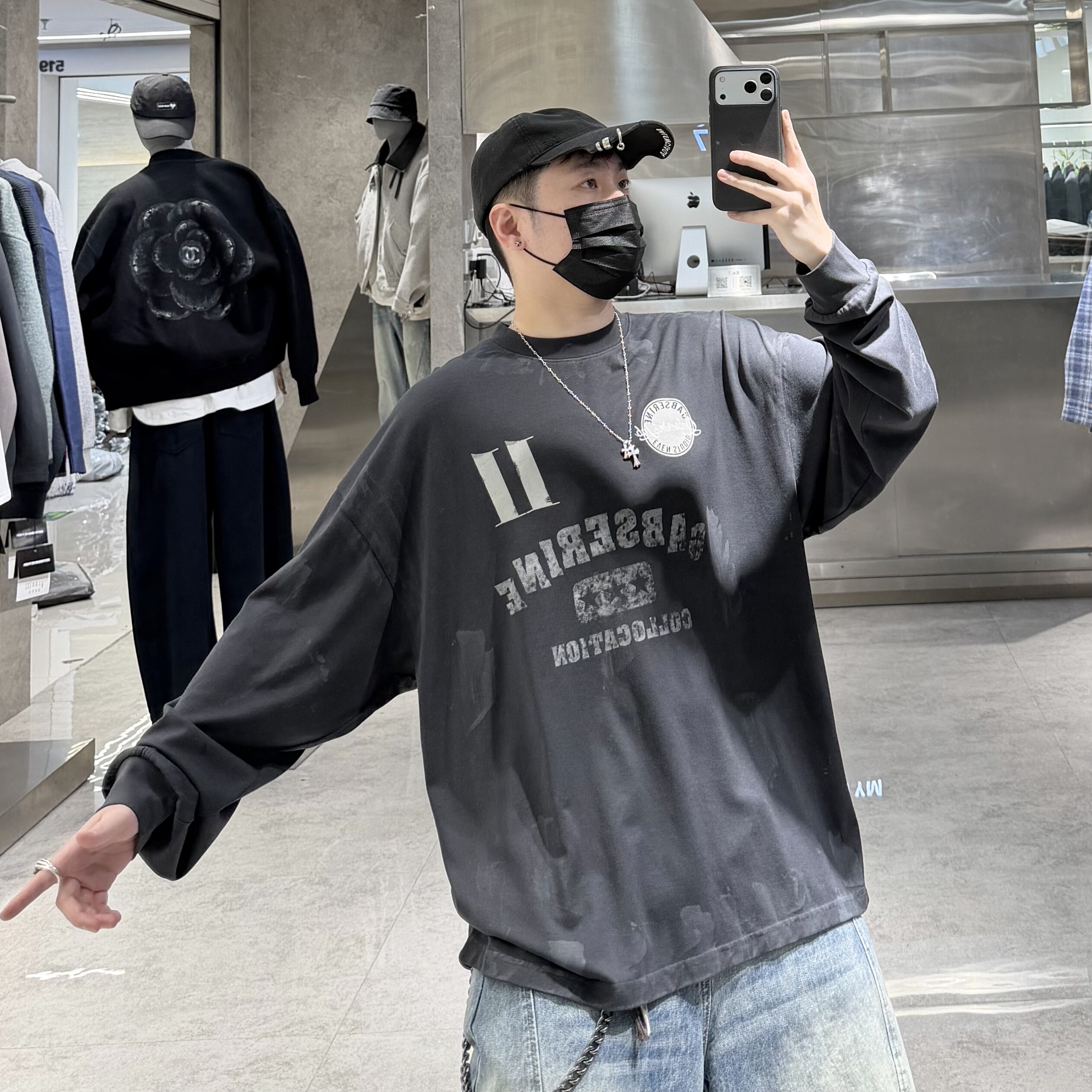 潮牌春夏薄款长袖T恤男美式巴黎做旧字母印花宽松嘻哈青年情侣潮T