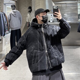 潮牌冬季 复古做旧仿牛仔印花宽松青年保暖羽绒衣 连帽羽绒服男美式