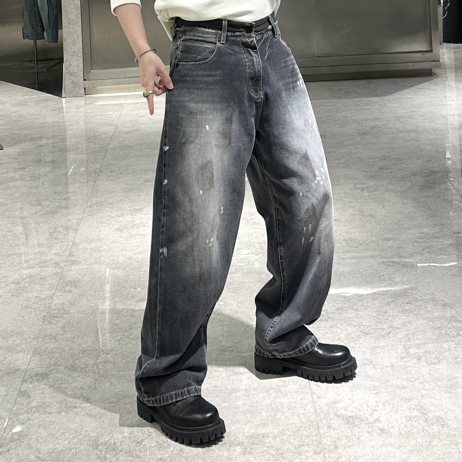 潮牌秋季直筒牛仔裤男ins美式复古做旧泼墨宽松青年帅气阔腿裤潮