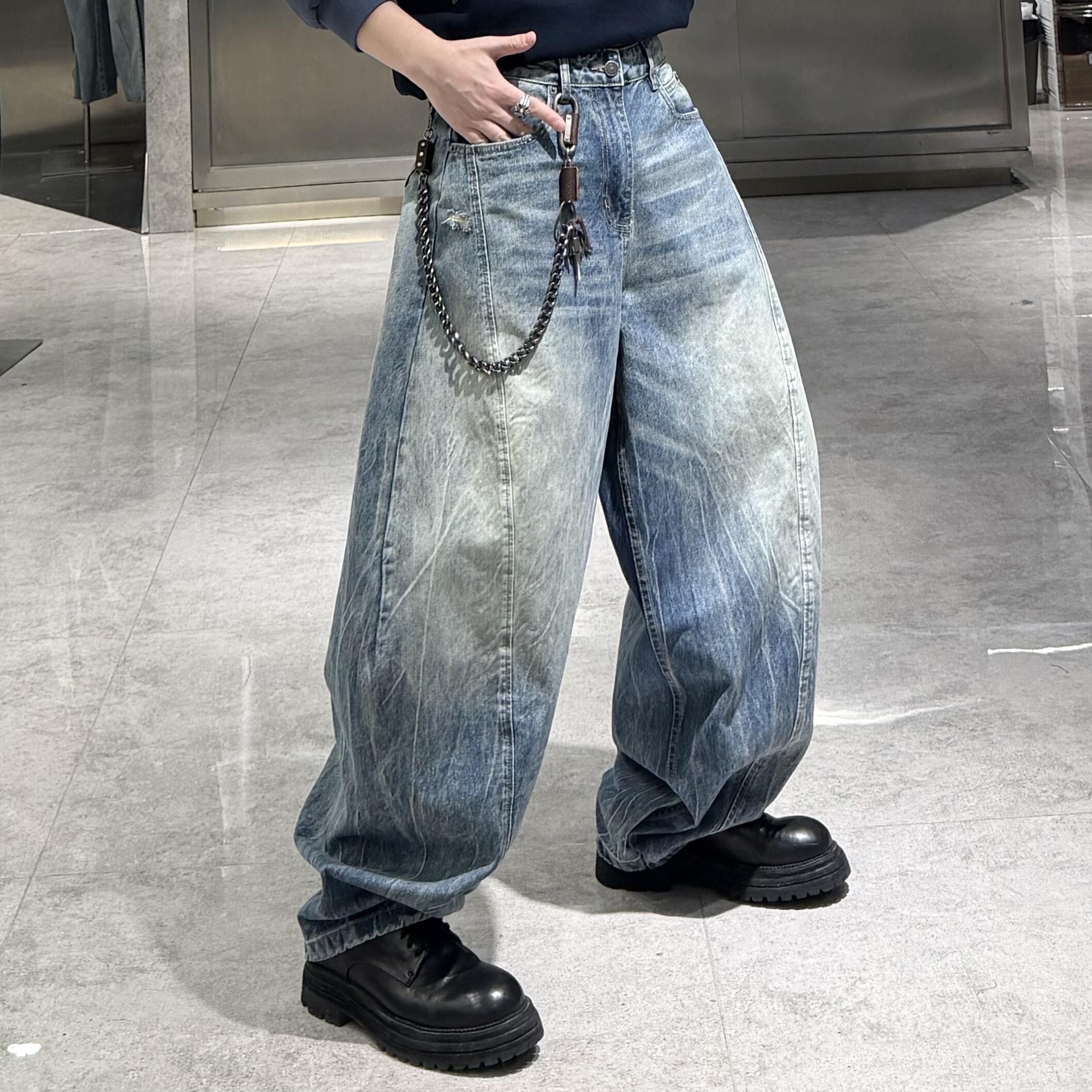 潮牌春夏直筒牛仔裤男美式水洗做旧结构宽松青年痞帅阔腿弯刀裤潮