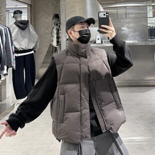 潮牌冬季 纯色结构宽松保暖青年90白鸭绒背心潮 立领羽绒马甲男韩版