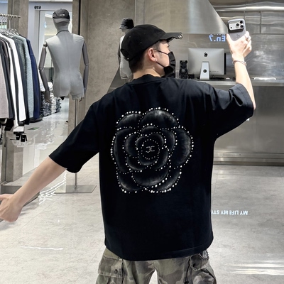 潮牌26春夏重磅短袖T恤男ins国潮手绘山茶花珍珠宽松青年情侣半袖