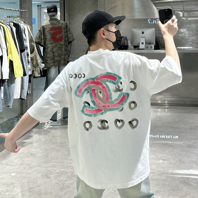 潮牌夏季重磅情侣短袖T恤男ins美式手绘字母涂鸦宽松青年帅气半袖