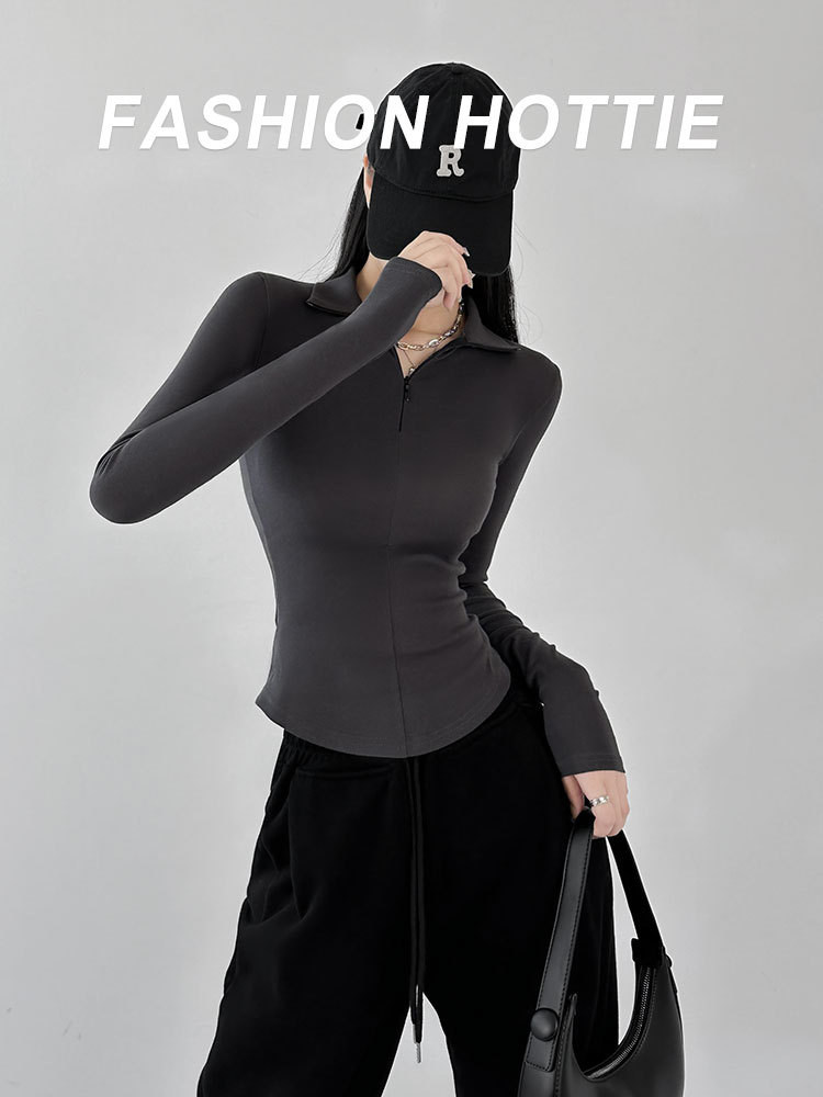 달콤한 시원한 핫 소녀 스타일 유럽과 미국의 순수한 욕망 탄성 꽉 긴팔 허리 티셔츠 슬림 바닥 폴로 셔츠 블랙 슬리밍