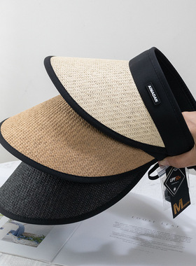 日系大檐草编发箍空顶帽女夏季出游防紫外线防晒遮阳百搭帽子潮