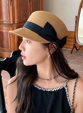 夏季草帽子女显脸小蝴蝶结圆顶草编鸭舌帽女出游防晒遮阳马术