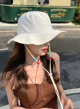 夏季遮阳防晒帽户外登山帽子女韩版纯色速干渔夫帽彩色珠子
