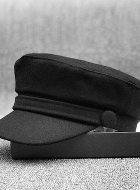 黑色毛呢帽子女秋冬韩版潮鸭舌帽时尚百搭平顶帽男有大头围