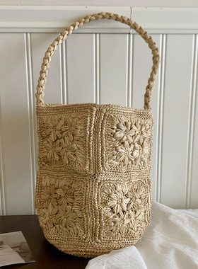 李乔优 法式拉菲草手工编织花朵水桶包女海边度假单肩手提包