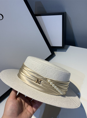 草帽女夏天法式平顶帽子防晒小清新百搭休闲沙滩潮礼帽英伦遮阳帽