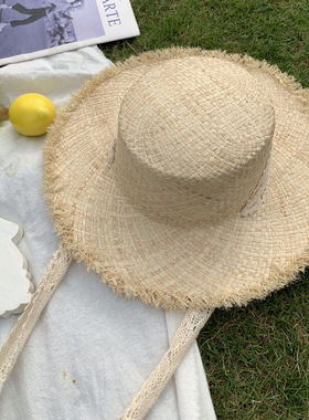 拉菲草帽女雷丝系带毛边草帽子女夏季文艺太阳帽遮阳防晒渔夫帽
