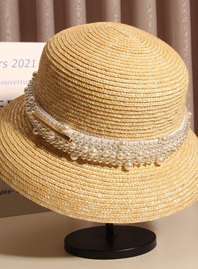法式草帽女夏拉菲草灯罩帽子蝴蝶结沙滩帽赫本风太阳帽度假