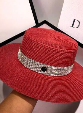 平顶帽子女春夏亮钻草帽时尚度假帽海边沙滩英伦礼帽百搭遮阳帽潮