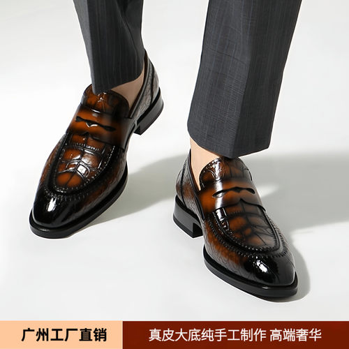 套脚皮鞋男商务莫卡辛琴底铜头纯手工制作牛皮底一脚蹬乐福小皮鞋