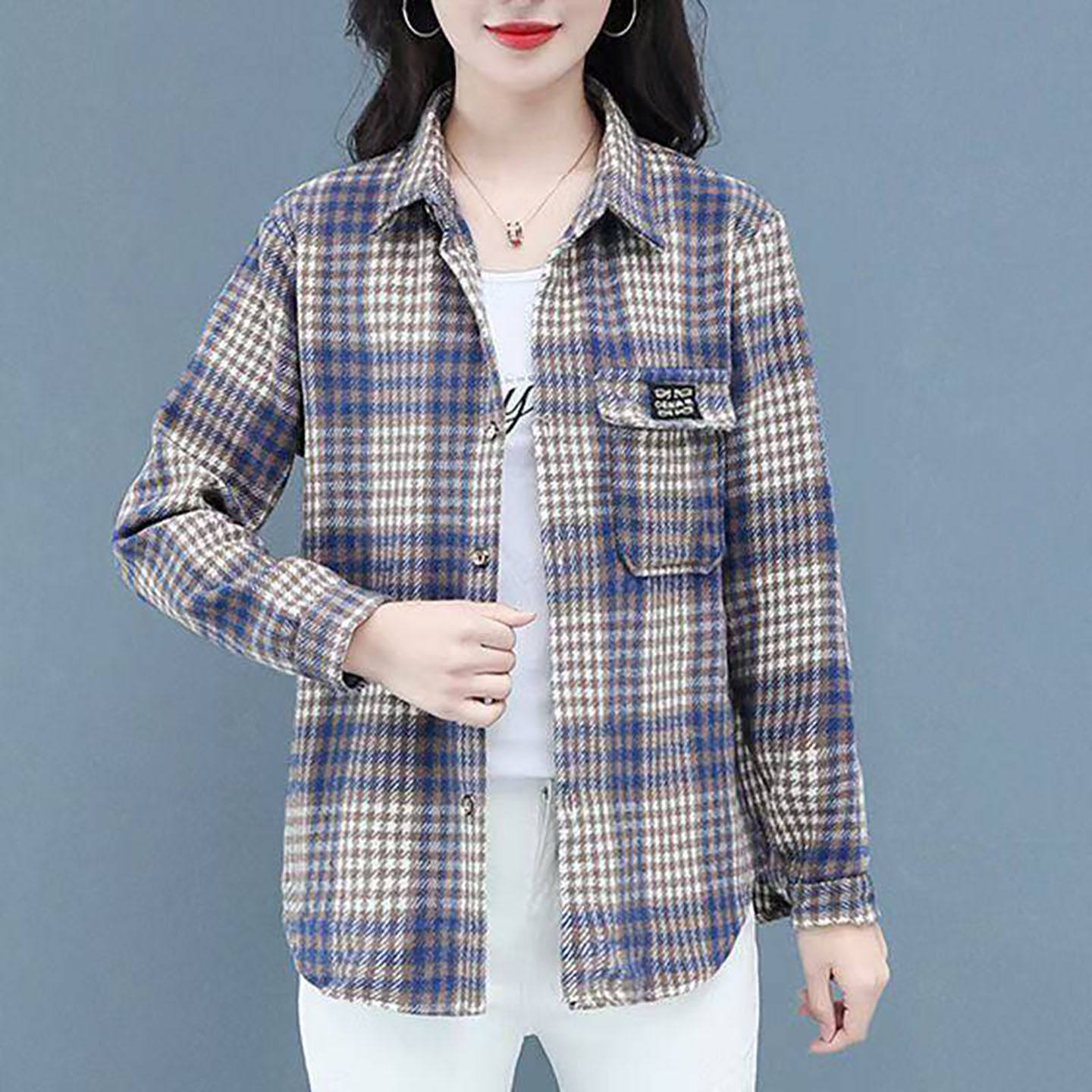 哲算女装春季爆款磨毛格子衬衫女士时尚大码长袖外套中长款上衣a8