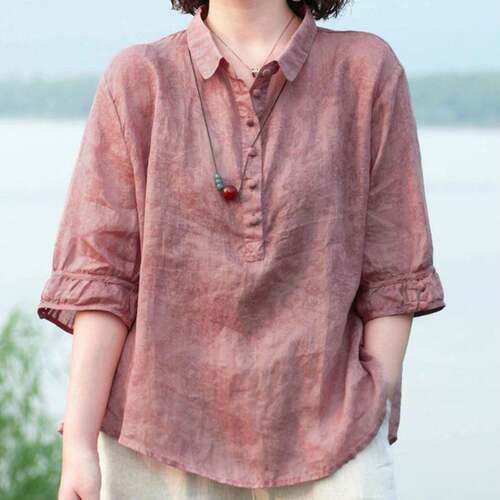 *欧关女装复古提花翻领衬衫女高档显瘦洋气衬衣薄款棉麻小衫上a2