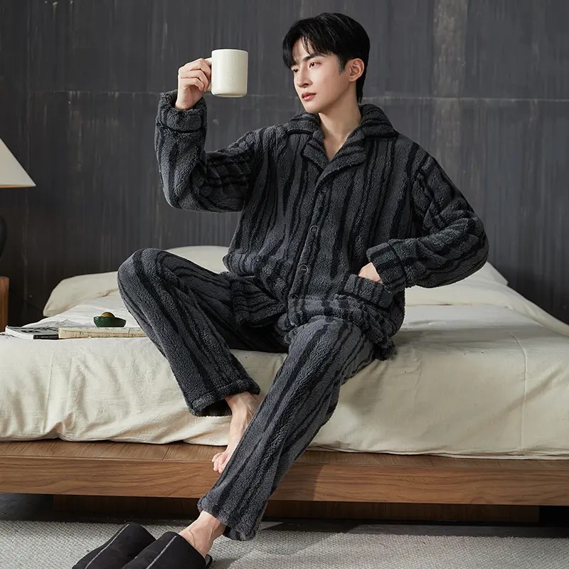 巢也睡衣男秋冬法兰绒加厚加绒保暖珊瑚绒立领开衫家居服套装a01