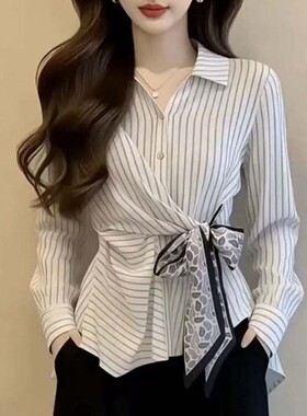 恒清女装2026春季收腰上衣韩版气质衬衫法式风竖条蝴蝶结飘带长a7