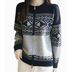 恒清女装费尔岛风拼色菱形针织开衫秋冬男士拉链毛衣加厚圆领上衣