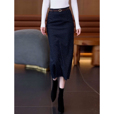 波点毛呢半身裙女2025年秋季新款高腰显瘦a字中长款开叉包臀裙子