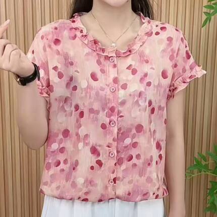现货现发夏季短袖上衣时尚花边领透气衬衫休闲遮肉大码女装无抽绳