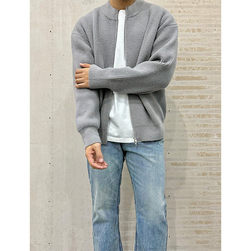ANYWEAR 廓形双开拉链毛衣外套春季cleanfit坑条设计立领针织开衫