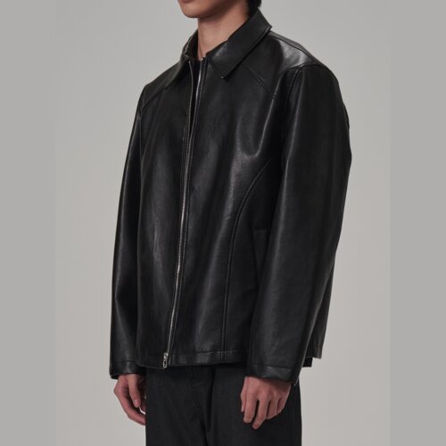 ANYWEAR 结构分割肌理纹理复古高级翻领外套秋季男PU短款皮衣夹克