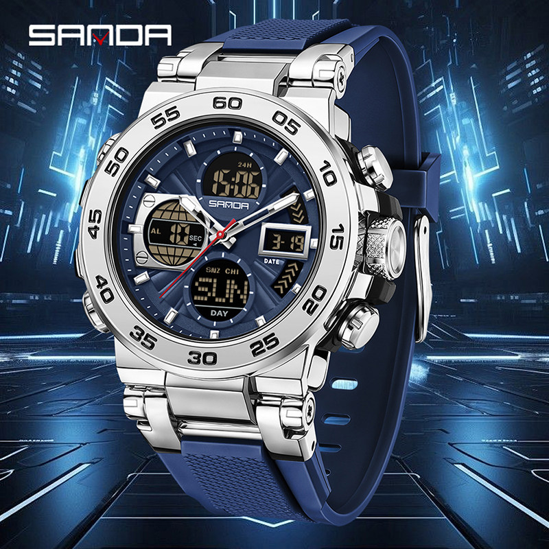 三达炫酷手表双显大表盘钢带硅胶表职场商务夜光闹钟计时电子表男