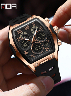 三达酒桶形男士户外运动电子夜光防水初高中学生多功能时尚双显表