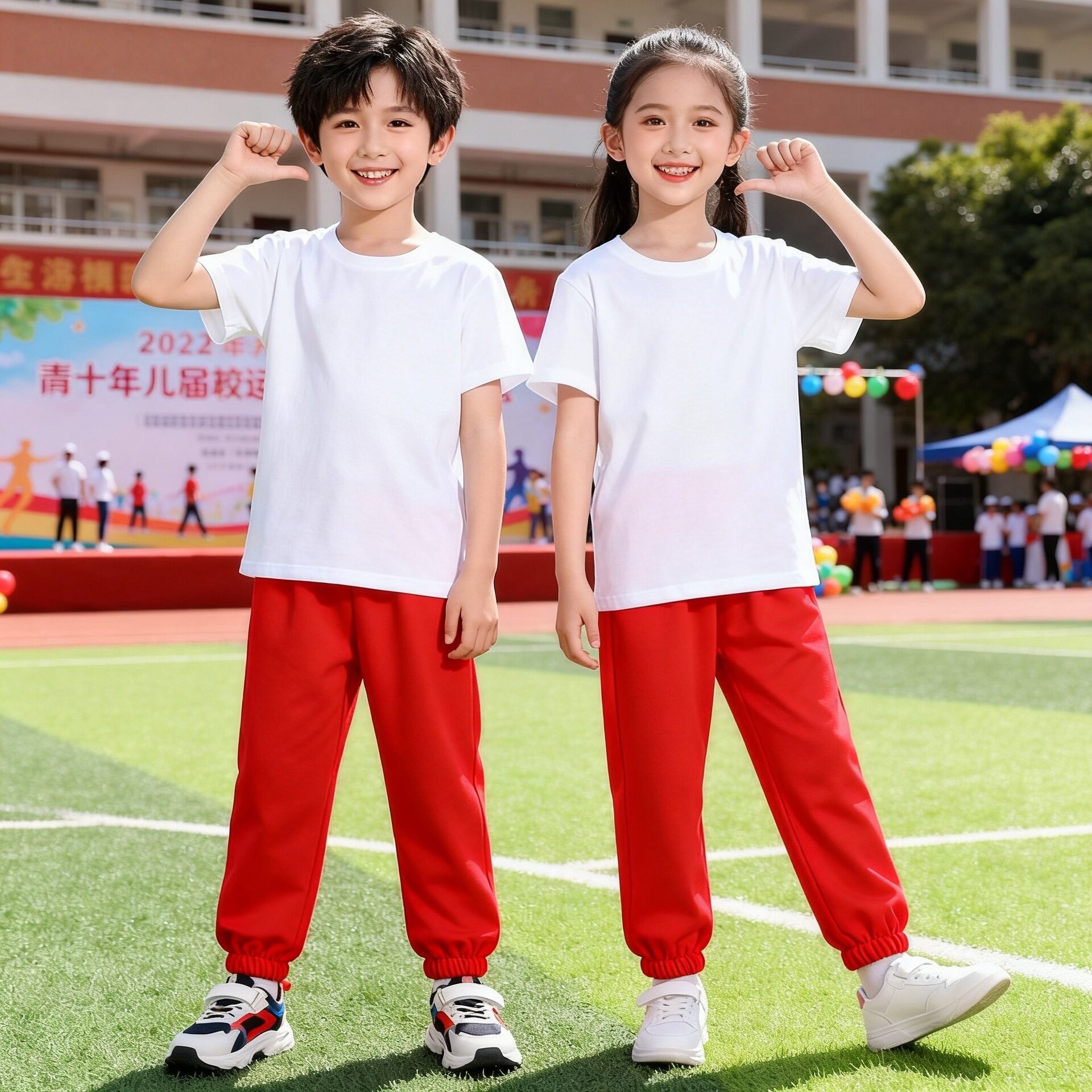 儿童演出服小学生幼儿园夏季套装两件套白色纯棉T恤短袖红色长裤