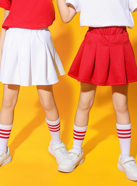 儿童演出服女童裙子白色半身裙夏秋季小学生校服红色百褶裙夏季