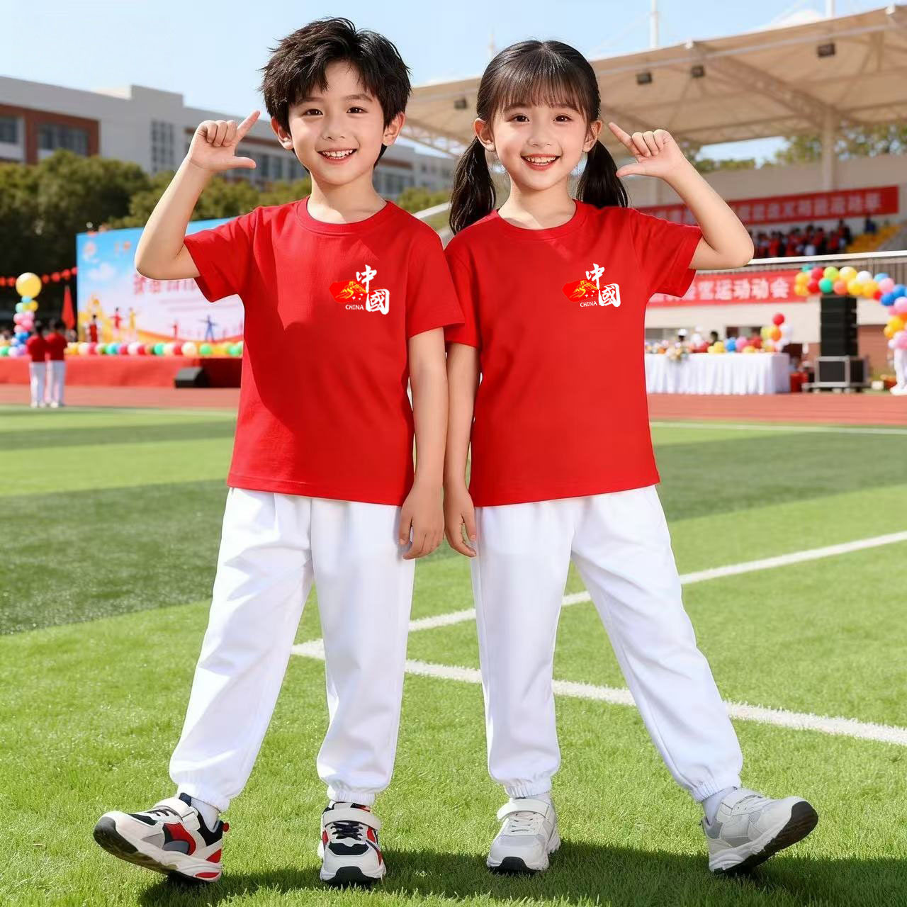 中国风儿童红色套装夏季