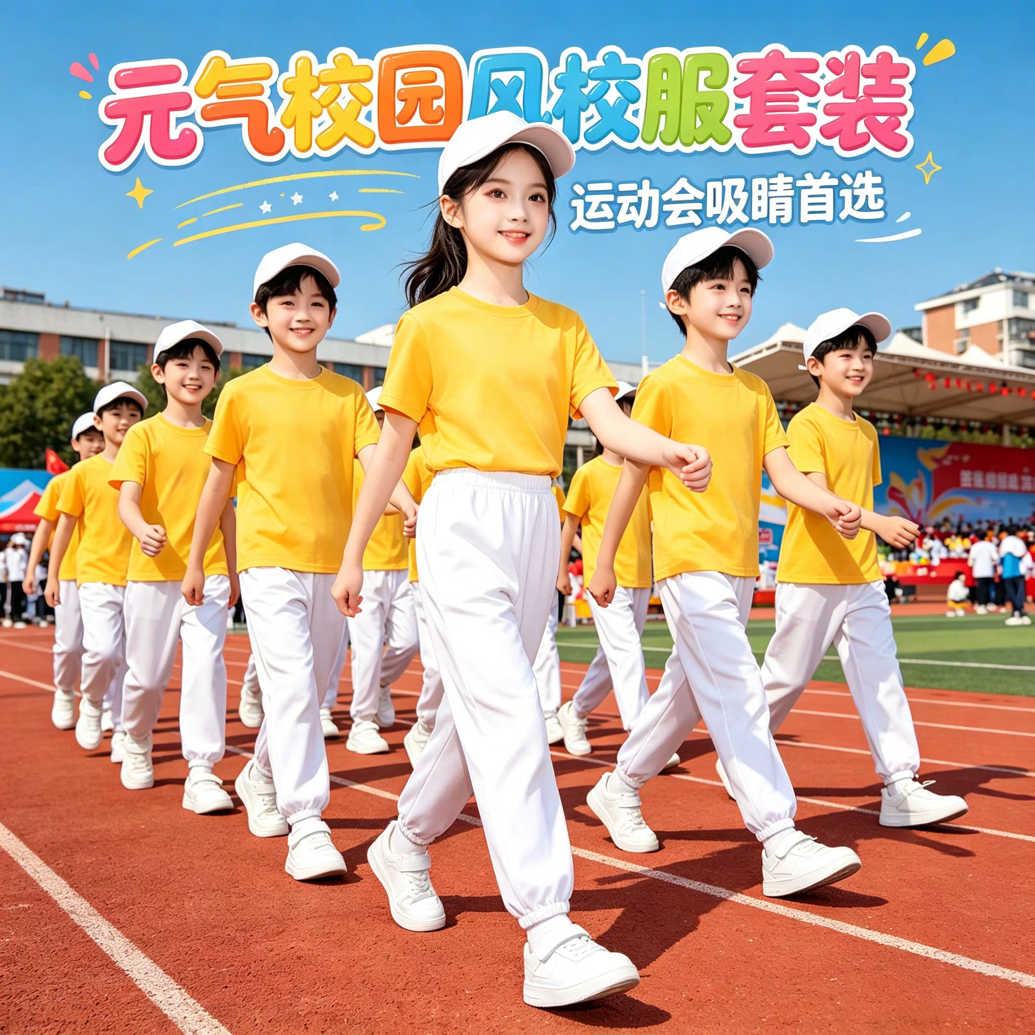 国庆儿童演出服黄色短袖T恤薄款白色长裤套装小学生幼儿园表演服