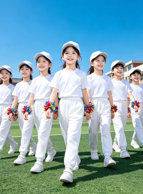 六一儿童演出服纯白色短袖T恤薄白长裤两件套小学生幼儿园表演服