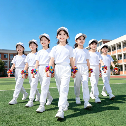 六一儿童演出服纯白色短袖T恤薄白长裤两件套小学生幼儿园表演服