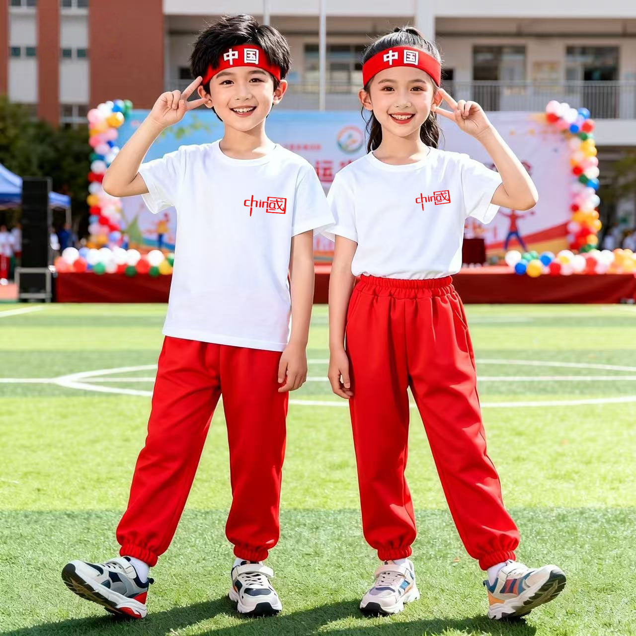 夏季薄长裤子儿童套装新款小学生活动班服运动中国少年纯棉白T恤