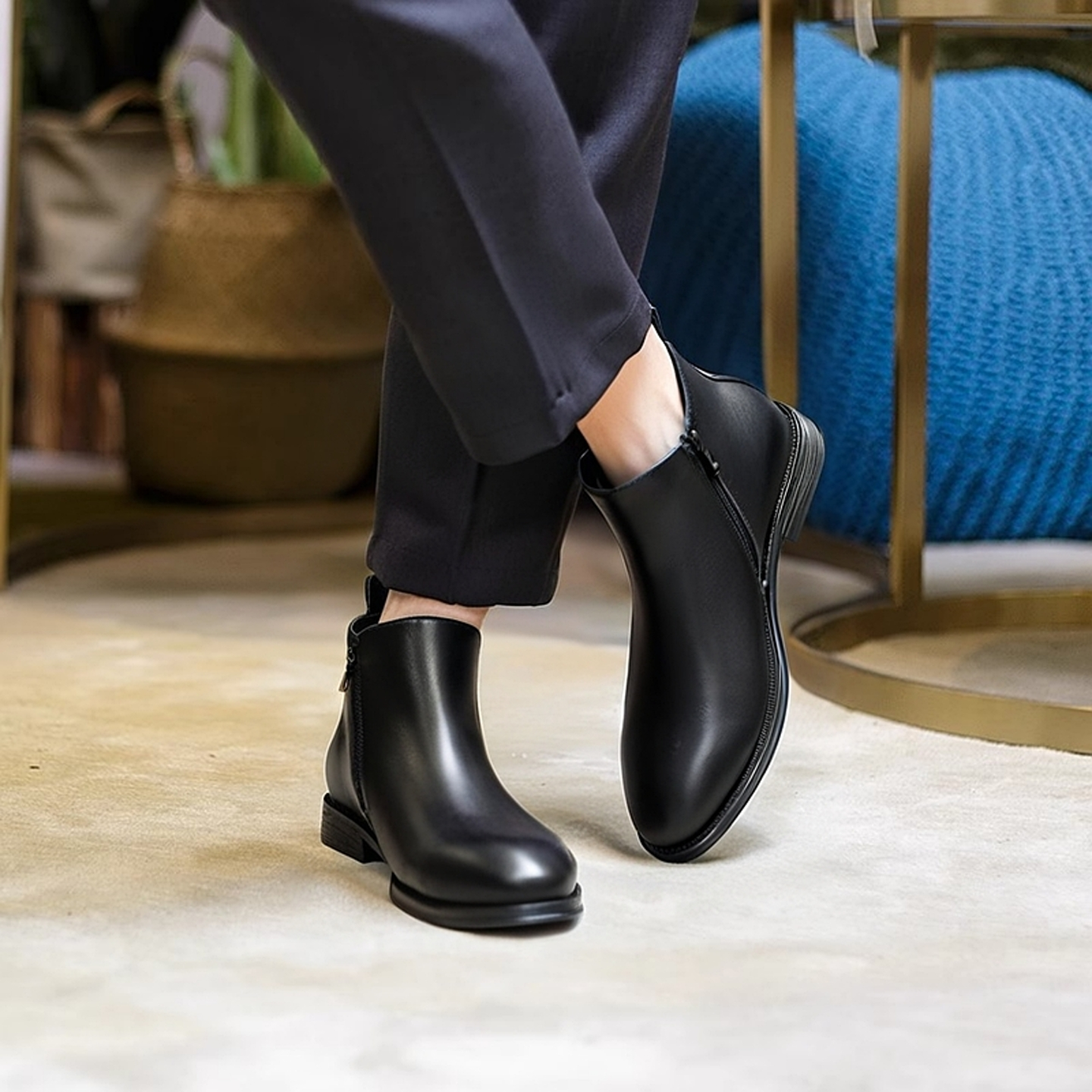 弓长梦英伦风拉链款真皮切尔西靴