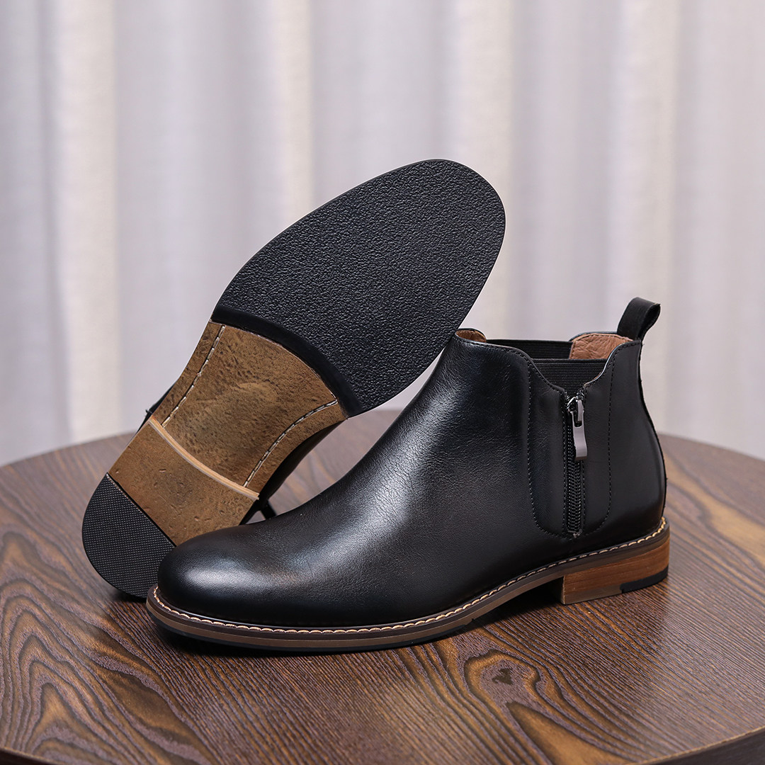 弓长梦男鞋秋冬新款中帮头层真皮英伦风高帮鞋男士短靴切尔西靴,流行男鞋,切尔西靴,淘宝优惠券,粉丝福利购,淘宝优惠卷