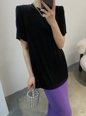 摩登197薄款醋酸垫肩短袖T恤女夏新款宽松时尚百搭黑色上衣81206