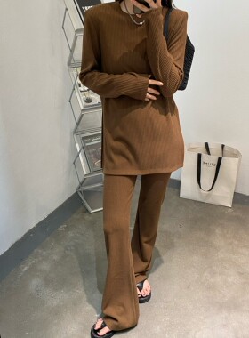 摩登197韩版针织坑条时尚套装女秋季爆款圆领宽松休闲两件套7806