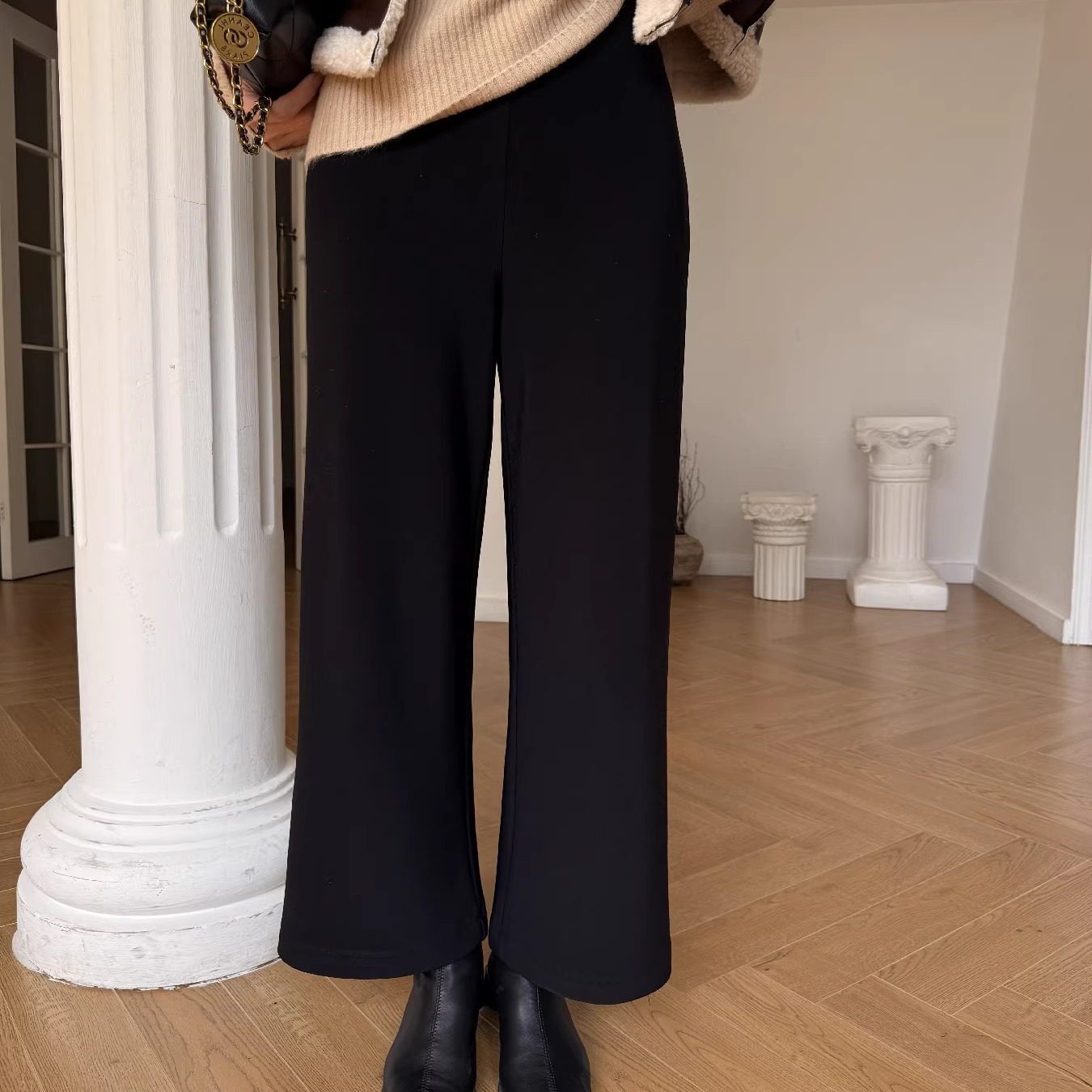 摩登197松紧腰黑色加绒休闲裤女