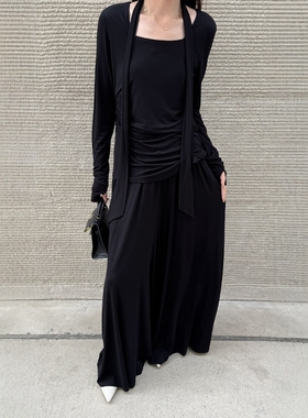 摩登197慵懒风气质套装女2026春新款飘带上衣阔腿裙裤两件套2F008