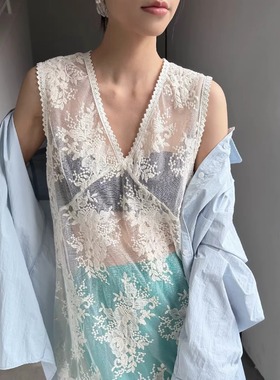 摩登197蕾丝钩花V领背心裙女2025夏季新款宽松无袖连衣裙罩衫4185