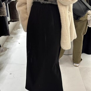 摩登197黑色高腰直筒半身裙女冬季新款加绒加厚后开叉一步裙61950