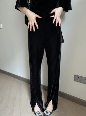 摩登197显瘦开叉丝绒休闲裤女秋季新款高腰宽松垂感直筒裤子F709