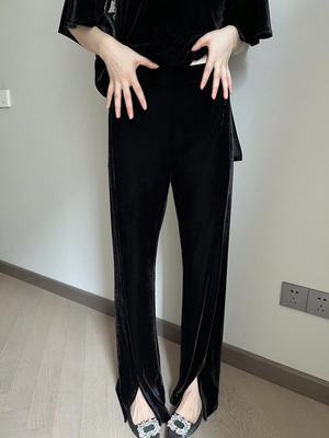 摩登197高腰休闲开叉丝绒直筒裤