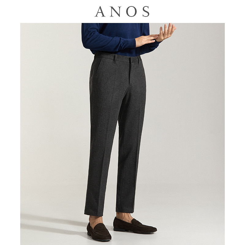 商务休闲修身毛呢人字纹西裤