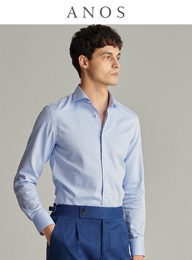 ANOS春秋鱼骨斜纹男商务长袖衬衫蓝色意式温莎领免烫修身休闲衬衣